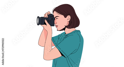 Illustration of a focused female photographer capturing a moment, rendered with smooth vector graphics in a minimalist style showcasing creativity