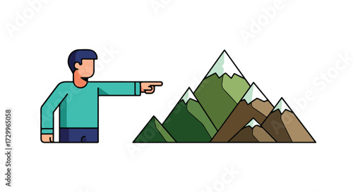 A cartoon man points toward a stylized mountain range, suggesting adventure destination or scenic route, aiming for outdoor exploration and mountain
