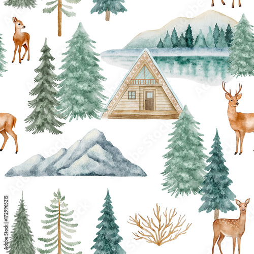 A detailed seamless digital watercolor pattern featuring mountain peaks, a forest lake, a small cabin, and deer, set in a peaceful winter landscape.