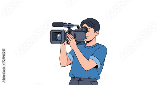 Illustrative depiction of a young male videographer holding a professional video camera capturing footage with focused concentration and technical