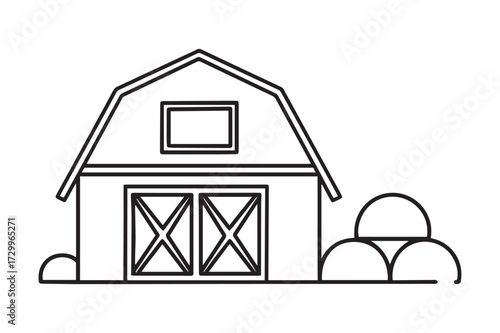 Minimalist Line Art Silhouette of a Classic American Barn and Hay Bales for Farm and Agriculture Designs