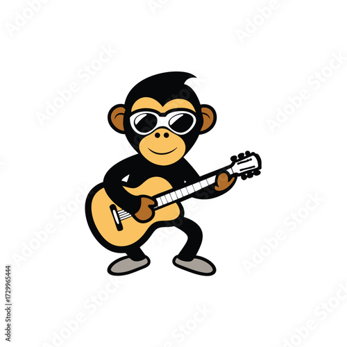 Cute cartoon monkey character playing acoustic guitar with sunglasses fun animal music entertainment vector