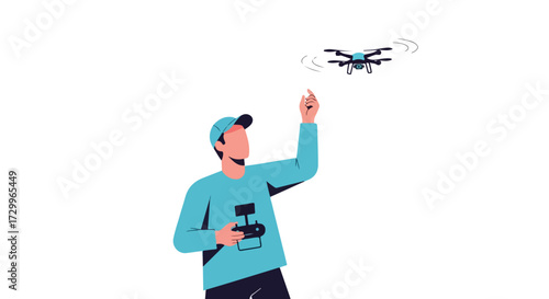 Illustration depicting a man controlling a drone with a remote in an engaging and contemporary style suitable for various creative projects and