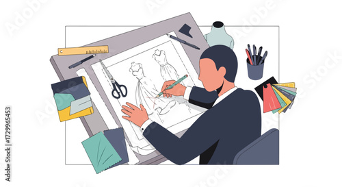 Creative fashion designer sketching elegant dresses on a drawing board with design tools for apparel creation
