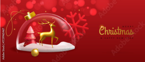 Merry Christmas and Happy New Year banner with 3d glass ball, Christmas tree and golden deer statuette on red background. Vector illustration