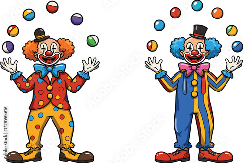 Funny clown juggling balls, colorful costume character, circus performer illustration, happy entertainer, carnival artwork, children’s party design, comic cartoon