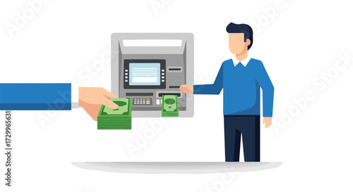 Simplistic illustration depicting money transaction at an automated teller machine and hand offering money featuring flat design and clean aesthetic