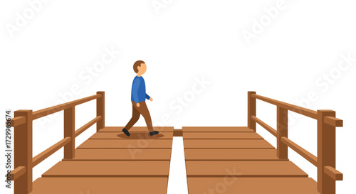Illustration of a man walking across a wooden bridge, simple design conveys journey and connection, concept of challenges and possibilities shown in