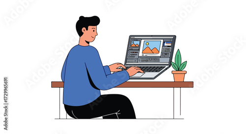 Man working on creative digital project on laptop, image editing and retouching, workspace scene focused on workflow and graphical design process