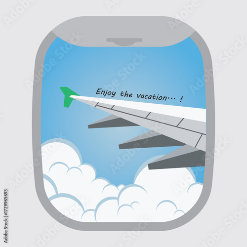 airplane window view with the aircraft wing clouds and sky. Illustration for vacation, trip and holiday theme.