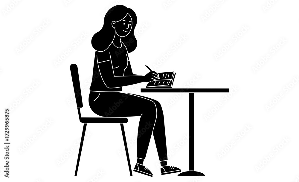 Fototapeta premium ノートにペンで書き込みテーブルで勉強する女性の線画スタイルアイコン