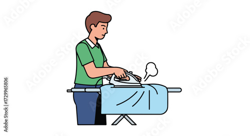 Man doing household chores, ironing clothes on ironing board with steam release cartoon illustration isolated against white backdrop