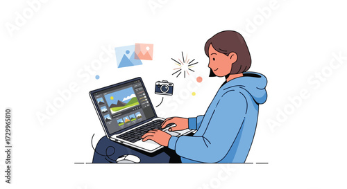 Creative workflow of a graphic artist retouching photographs on a laptop for digital marketing concepts or design projects
