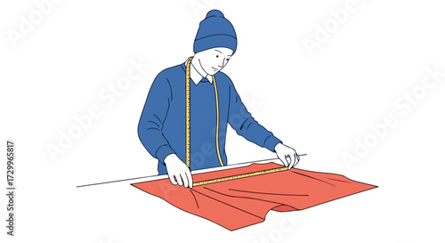 Illustrative portrayal of a tailor meticulously measuring fabric with a ruler in a serene studio setting focused on clothing creation and precision