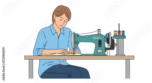 Craftswoman focusing on precision while using a vintage sewing machine in her home workshop for garment creation and clothing repairs
