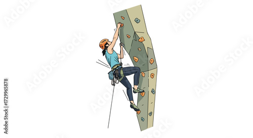 A determined climber scales an indoor rock wall with colorful handholds, showcasing strength and focus on a vertical challenge against a white