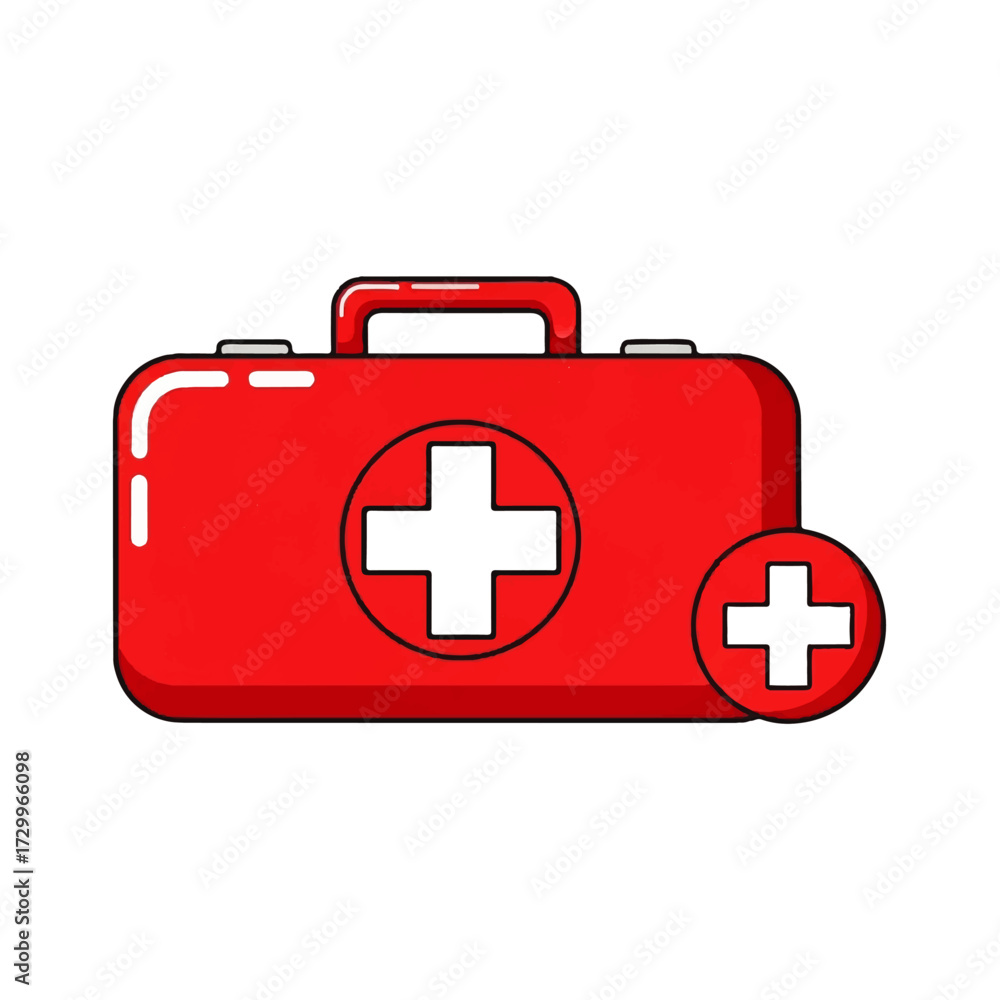 Obraz premium Clean vector illustration of a bright red first aid kit with a white cross and an additional medical icon, symbolizing emergency medical care and health assistance