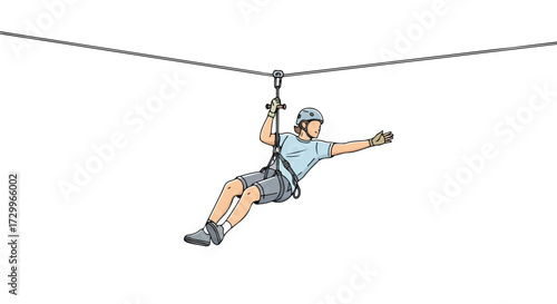 A cartoon illustration shows a person happily zip-lining in full gear against a plain background, conveying a sense of adventure and outdoor