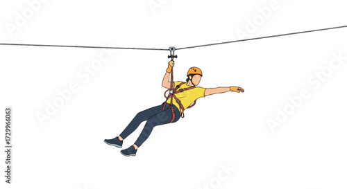 Experience the Thrill: A Person Enjoying a Zipline Adventure with Safety Gear on a Single Line