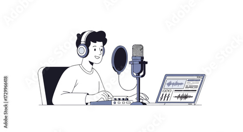 Male individual actively involved in podcast creation with specialized equipment showcasing audio production process and technology in the studio