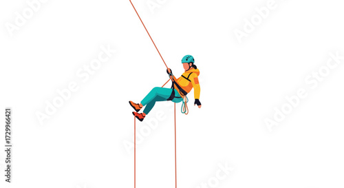 Cliffside descent: Vector illustration of a person rappelling down a steep rock face with safety gear and rope for extreme adventure sports