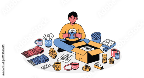 Man surrounded by gifts and shipping box preparing care packages for friends and family during holiday season with a joyful expression