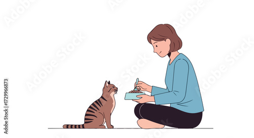 A digital artwork presents a woman tenderly preparing a meal for her pet cat with simple lines and soft colors, emphasizing the love and connection