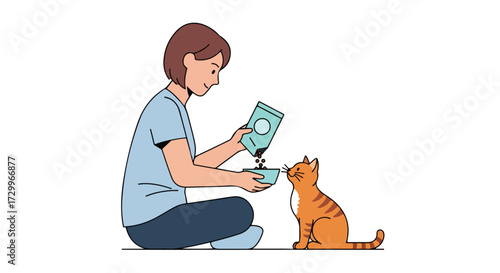 Woman feeding a ginger tabby cat dry food from a package into a turquoise bowl on a white background illustration showcasing pet care and domestic