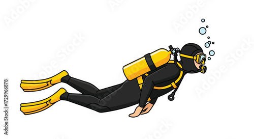 Illustration featuring a diver in a black suit with yellow fins and air tank exploring underwater environments