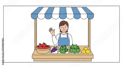 Illustration of a friendly vendor woman with fresh produce stall under a striped awning at a farmers market promoting local agriculture and healthy