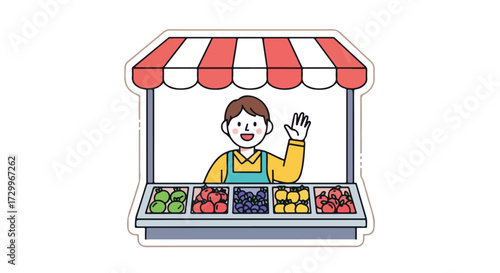 Illustration of a cheerful vendor at a vibrant fruit stand, waving with fresh produce displayed under a red and white striped awning enhancing the