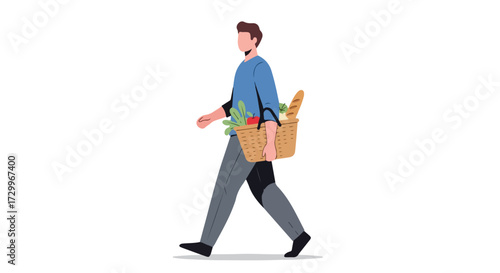 Illustration of a man walking with a basket full of fresh produce and baked goods in hand, perfect for healthy lifestyle concept 152 characters