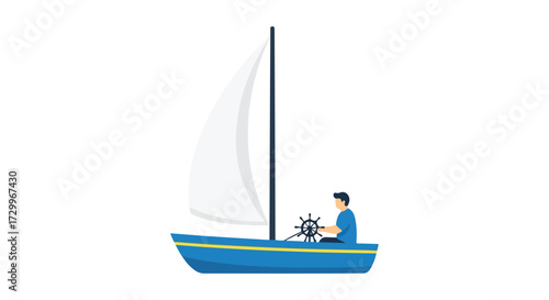 A minimalist illustration depicting a man sailing in a blue sailboat on a white backdrop for nautical themes and summer concepts