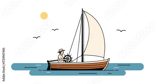 Serene sailing adventure: A minimalist illustration of a sailor enjoying a sunny voyage on calm waters in a classic sailboat