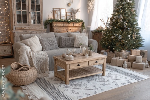A cozy living room decorated for Christmas, featuring a light-filled space with a neutral color palette, a wooden coffee table, a large Christmas tree, and numerous presents.