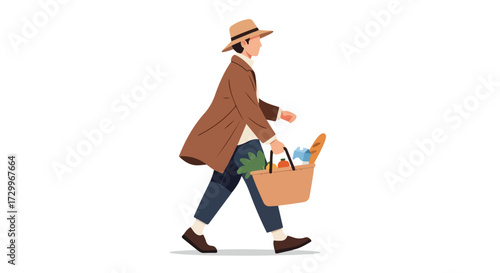 Stylized illustration of a person strolling with a picnic basket, depicting an autumn season outing and healthy lifestyle concept