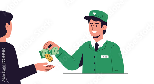 Transaction illustration depicting a uniformed worker exchanging cash with a customer on a bright background
