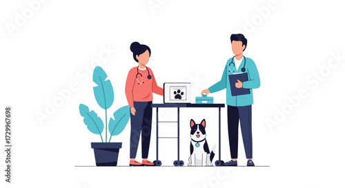 Veterinary clinic with doctors examining a dog vector illustration representing animal health and pet healthcare services in a modern clinic setting