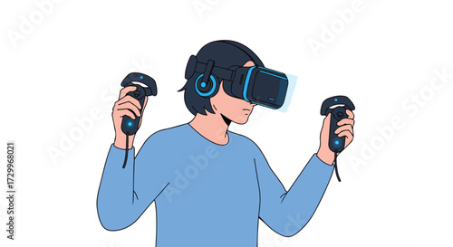 Immersive Virtual Reality Experience: Cartoon illustration of a person wearing a VR headset and holding controllers on a white isolated background