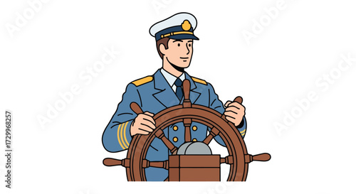 Cartoon illustration of a ship captain confidently steering a vessel towards uncharted territories and adventures at sea