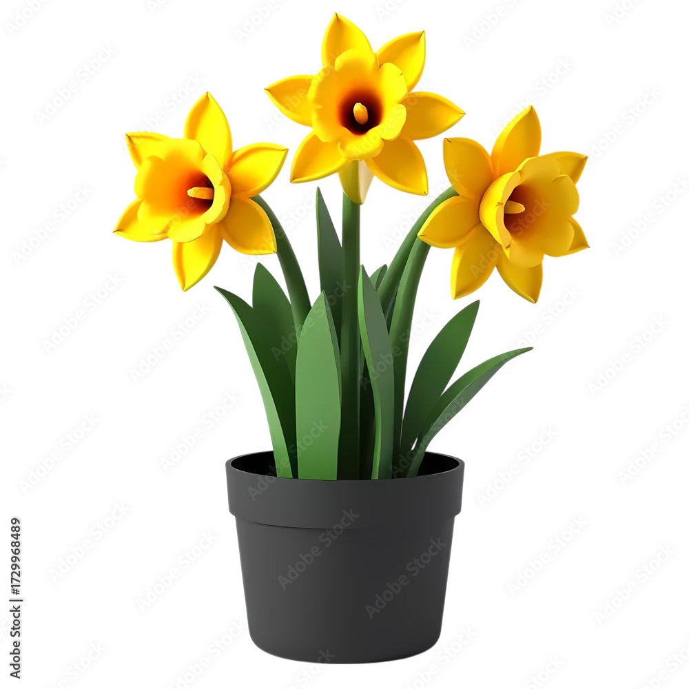 Fototapeta premium Three yellow daffodils in a black pot isolated on transparent background