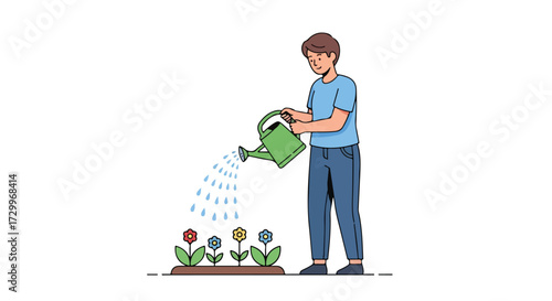 Illustration depicting a young man tending to a garden with a watering can demonstrating care and nature