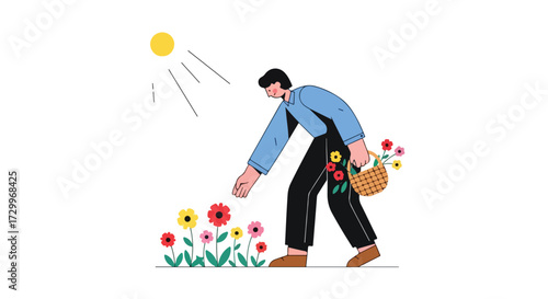 Man tending to a flowerbed under the radiant sun, bringing joy and growth to the garden with a basket filled with colorful blossoms and gentle care
