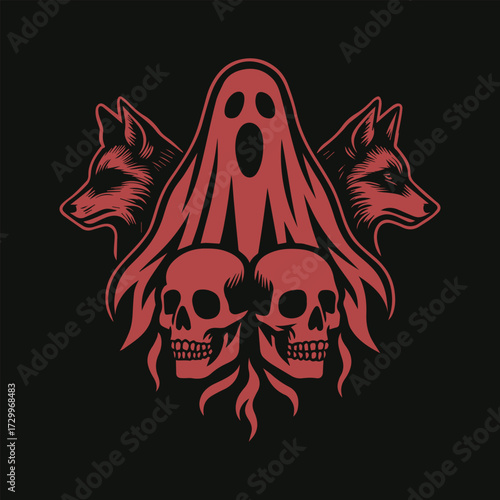 A bold black and white tribal wolf tattoo design vector illustration for a wild animal mascot or a dangerous skull symbol art