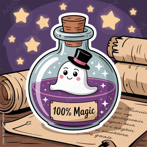magic potion bottle illustration, cute ghost inside glass jar, vintage spellbook scene, whimsical alchemy theme, halloween vector