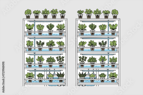 Indoor hydroponic system with four shelves of plants under artificial lights