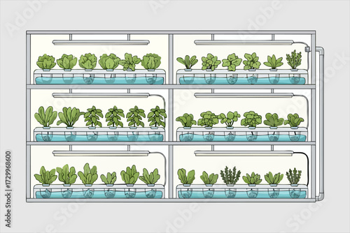 Indoor hydroponic system with four shelves of plants under artificial lights