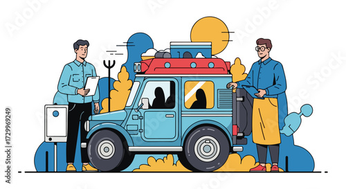 Off-road vehicle with camping gear for family adventures concept illustration with two individuals discussing their travel plans