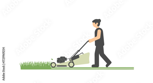 A Minimalist Illustration of a Man Mowing the Lawn on a Sunny Day with Green Grass in His Backyard Home with a Lawn Mower Garden