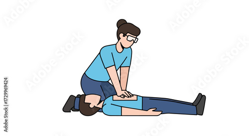 Cartoon depiction of emergency first aid showcasing the act of performing cardiopulmonary resuscitation with animated figures in a clean layout
